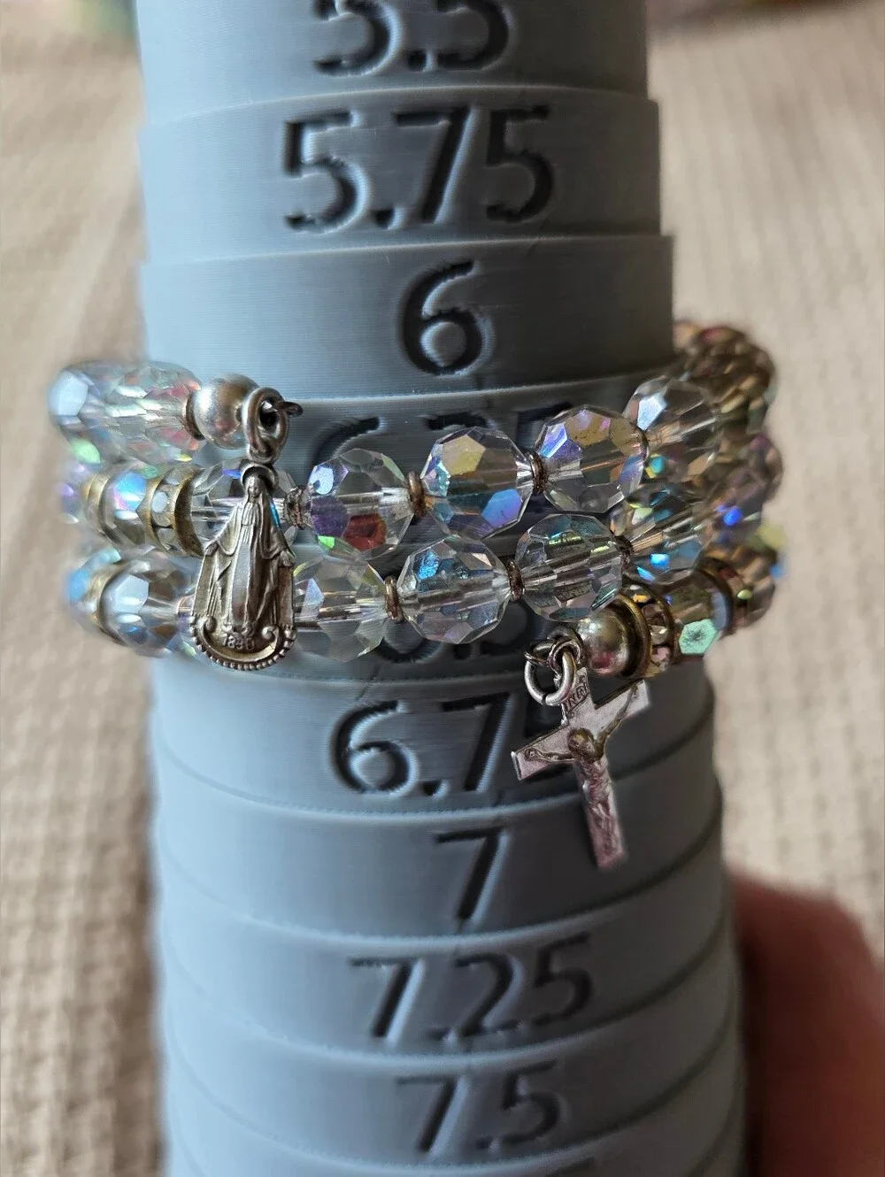 Vintage Sterling Crucifix Mary Medal Aurora Borealis Crystal Coil Bracelet Italy